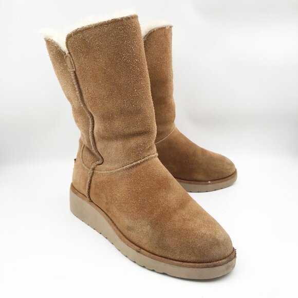 Koolaburra Shoes - KOOLABURRA UGG Koola Slim Short Chestnut Brown Suede Fur Lined Boots Womens 6